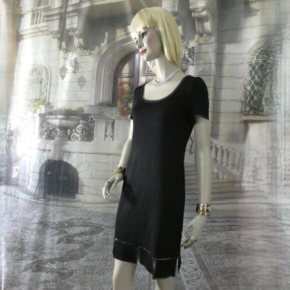 St. John Evening Black Cocktail Dress Size 4 to 6 Sparkling Neck Sleeves Hem - Picture 3 of 9